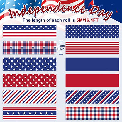 12 Rolls 4th of July Washi Tape Patriotic Stars Stripes Washi Masking Tape Red Blue White Plaids Decorative Paper Stickers for Independence Day Scrapbook Gift Wrapping DIY Art Crafts (196.8 Foot)