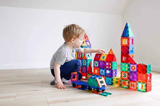Playmags Magnetic Tile Building Set: Exclusive Educational Clickins 36-Pc. Kit: 18 Super Strong Clear Color Magnet Tiles Windows & 18 Letters & Numbers Stimulate Creativity & Brain Development