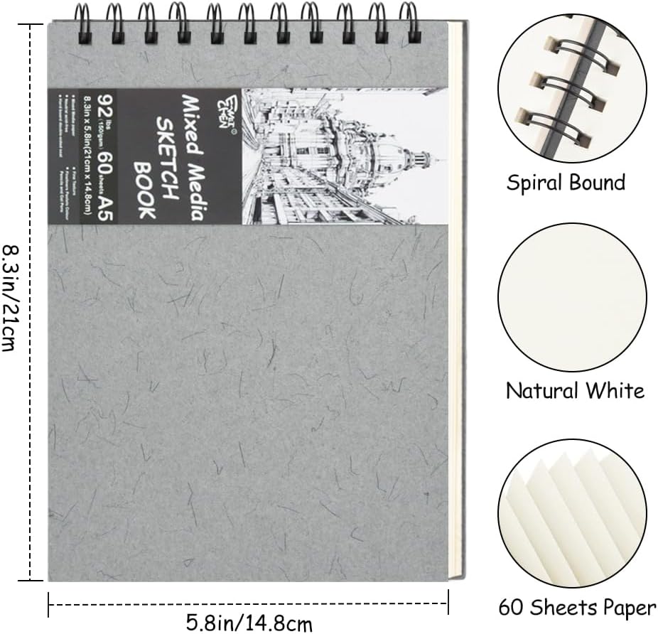 8.3x5.8 Sketch Book, Top Spiral Bound Sketch Pad, 60sheets 92lb/150gsm Nature White Paper, Acid-Free Mixed Media Paper for Painting, Dawing & Art Supplies. N-Grey - Crafty Corner