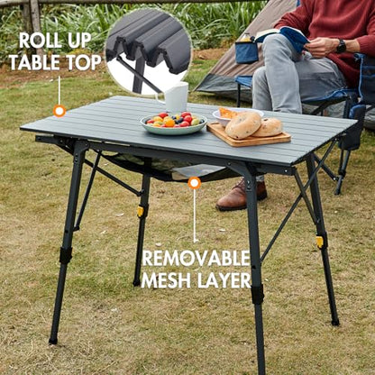 Outdoor Folding Portable Picnic Camping Table with Adjustable Height Aluminum Roll Up Table Top Mesh Layer