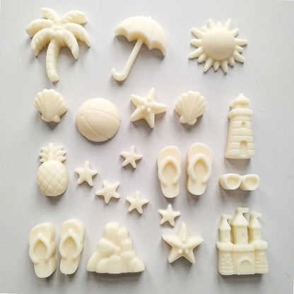 Summer Beach Theme Chocolate Molds, 2PCS Summer Party Fondant Candy Jelly Baking Ice Cube Silicone Molds, Coconut Tree Sun Shell Starfish Marine Cake Decor Mold, Unique Resin Candle Soap Mold