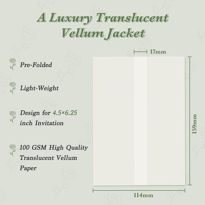 30 Pack Pre-Folded Vellum Jackets for 4.5x6.25 Invitations, Translucent Vellum Paper 4.5x6.25 Jackets, 100GSM Wedding Invitations Wraps, Envelope Liners for Birthdays, Baby Showers