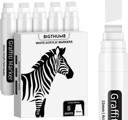 White Poster Markers Jumbo Paint Pen: 5 pcs 15mm Wide Tip Thick Acrylic Paint Pen Large Graffiti Markers for Rock Painting, Stone, Sign, Canvas, Glass, Wood, Ceramic