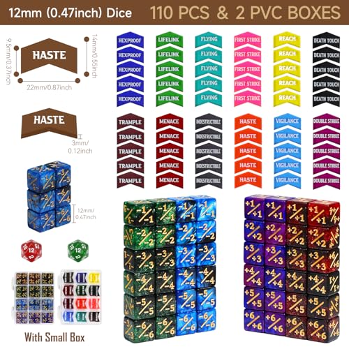 110PCS MTG Tokens & 12mm MTG Life Counter Dice Set for Magic Card with Box (110 Count)