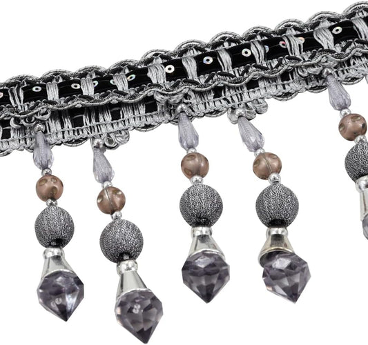 3yards Beading Fringe Trimming Long Beads Tassel Curtain Trim Ribbon Trim for Cover Edge Decorative (Gray) - Crafty Corner