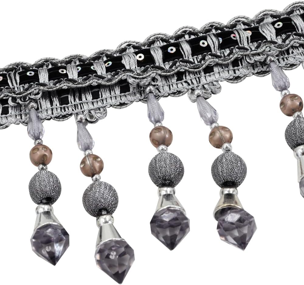3yards Beading Fringe Trimming Long Beads Tassel Curtain Trim Ribbon Trim for Cover Edge Decorative (Gray) - Crafty Corner