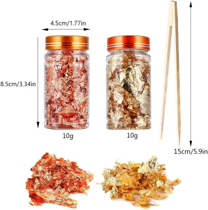 Gold Flakes for Resin, 2 Bottles 10g Imitation Golden Foil Gilding Flake Metallic Leaf for Cake Decoration Chocolate Making Nails Painting Art Crafts with Bamboo Tweezers (Gold, Copper Colors)
