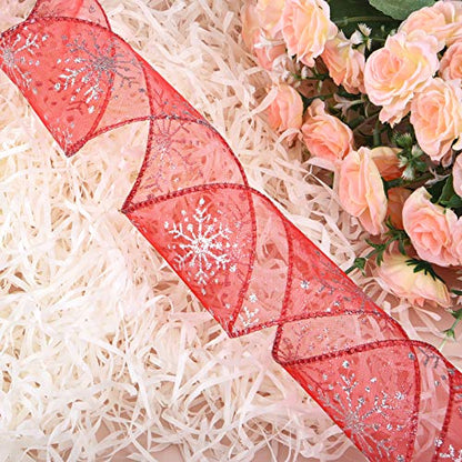 2.5 Inch Wide Christmas Wired Ribbon Snowflake Organza Sheer Glitter Ribbon for Xmas Tree (32.7 Foot)