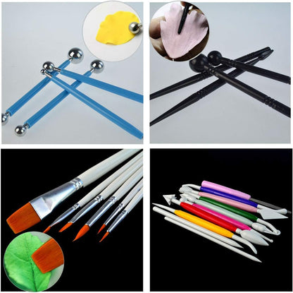 62pcs Gumpaste Flowers and Leaves Fondant Tool Leaf Tool Kit Gum Paste Flower Cutter Set Stainless Steel Flower Cutter Silicone Molds Foam Pad Veining Board Ball Tools Modelling Tools Brushes