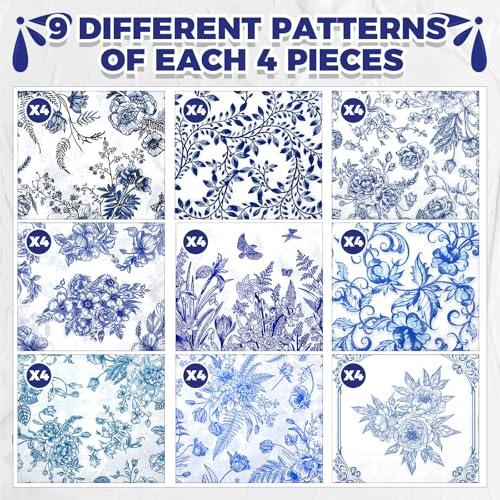 36 Pack 9 Styles Decoupage Napkins Blue Floral Chinoiserie Decor (36 Count)