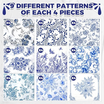 36 Pack 9 Styles Decoupage Napkins Blue Floral Chinoiserie Decor (36 Count)