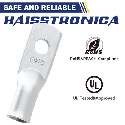 haisstronica 10pcs 6 AWG - #10 Tinned Copper Battery Lugs, Heavy Duty Copper Wire Lugs with 10pcs 3:1 Adhesive Heat Shrink Tubing, 6 Gauge Wire Lugs, Tinned Copper Battery Cable Ends