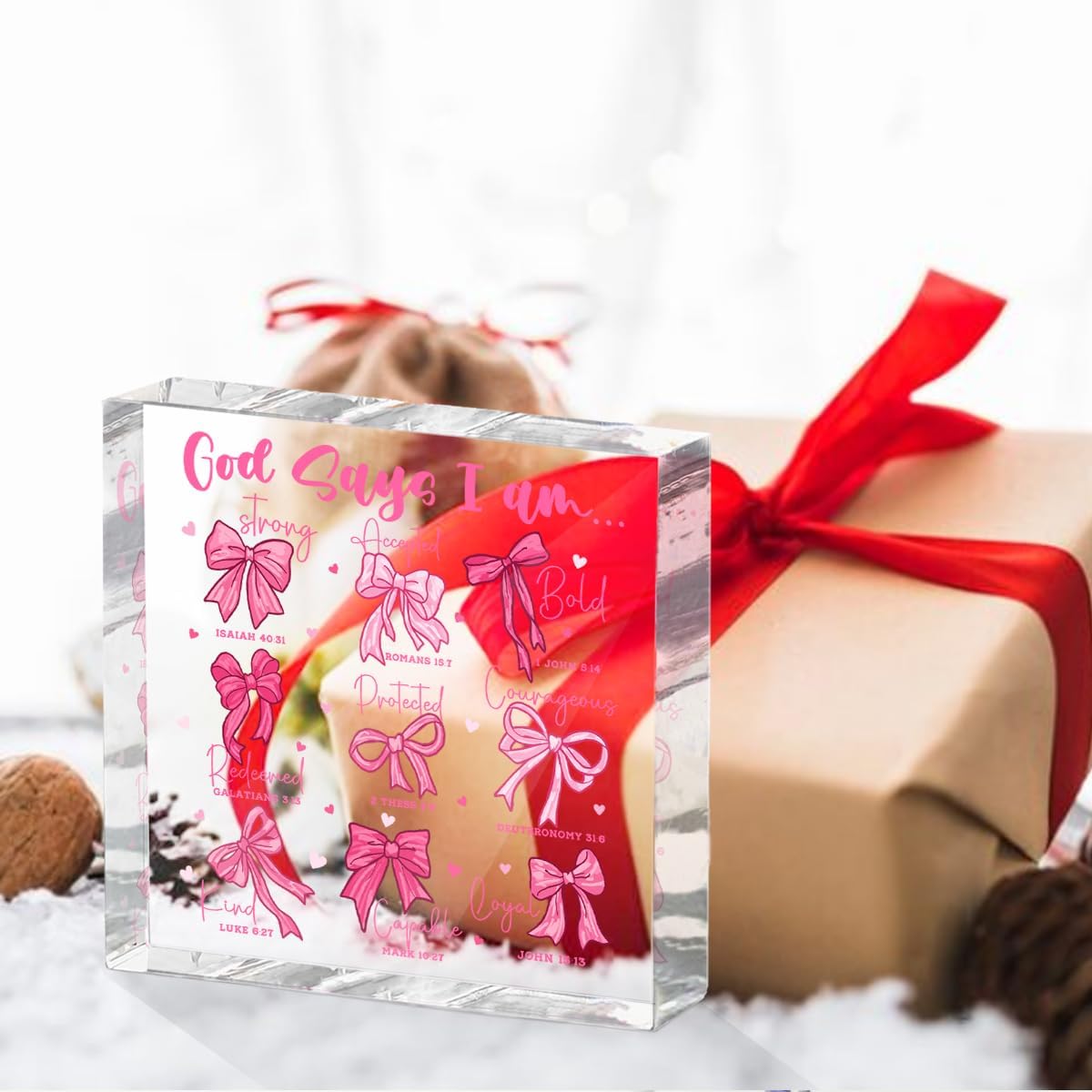 Positive Affirmation Bible Verse Desk Decor Acrylic Sign 4X4 Inch, Preppy Coquette Pink Bow Desk Decorative Signs for Shelf Tabletop Cubicle Room Office, Christian Gifts for Women Men Friends