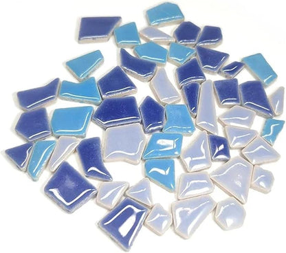 Mosaic Tiles 200g/7.05oz(Approx. 155-170pcs) Porcelain Mosaic Tiles 1-2.5cm 0.4mm Thickness Ceramic Mosaic Stones DIY Mosaic Craft Material(Blue Mix 1)