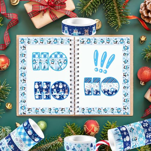 12 Pcs Christmas Washi Tape Blue Snowflake Print Masking Tape Frozen Pattern Decorative Paper Sticker for Christmas Party Holiday Scrapbook Handbook Sticker (196.8 Foot)
