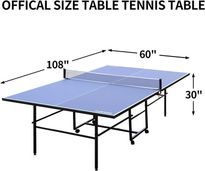 8ft/9ft Mid-Size Table Tennis Table Foldable & Portable Ping Pong Table Set for Indoor Games with Net, 2 Table Tennis Paddles and 3 Balls