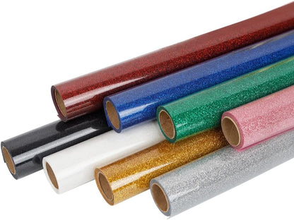 FUNKAKA Glitter Heat Transfer HTV Vinyl Bundle, 8 Rolls 12" x 5ft Iron On Vinyl for T-Shirt 8 Assorted Colors Glitter HTV Vinyl for All Cutter Machines Easy to Cut