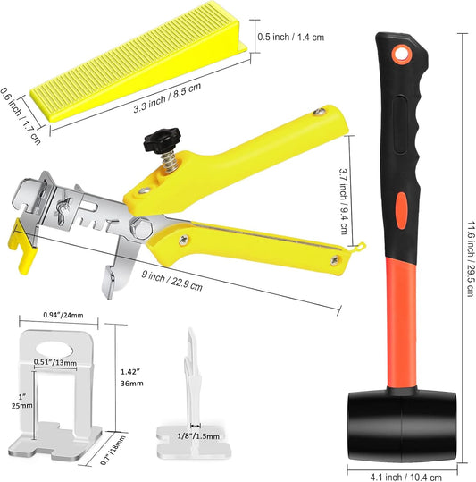 Storystore Tile Leveling System with Tile Pliers and Hammer - 300 Piece Tile Spacers Clips and 100 Piece Reusable Wedges, 1/8 Inch Tile Installation Tools Kit