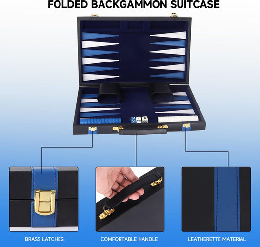 GSE Games & Sports Expert Premium Leather Backgammon Board Game Set, Classic Backgammon Game Set with Leather Case, Travel Folding Board Game (Black&Blue, Large)