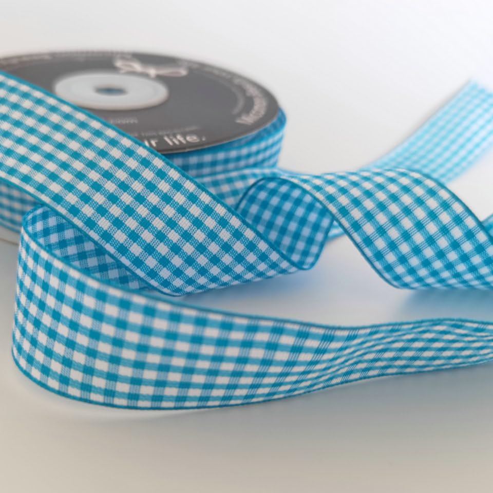 1 Inch Vivid Blue and White Woven Edge Plaid Ribbon Polyester Gingham Ribbon 25 Yards Each Roll