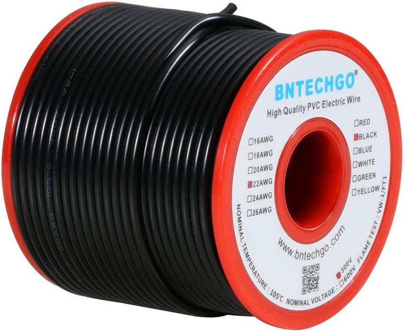 BNTECHGO 22 Gauge PVC 1007 Solid Electric Wire Black 100 ft 22 AWG 1007 Hook Up Tinned Copper Wire
