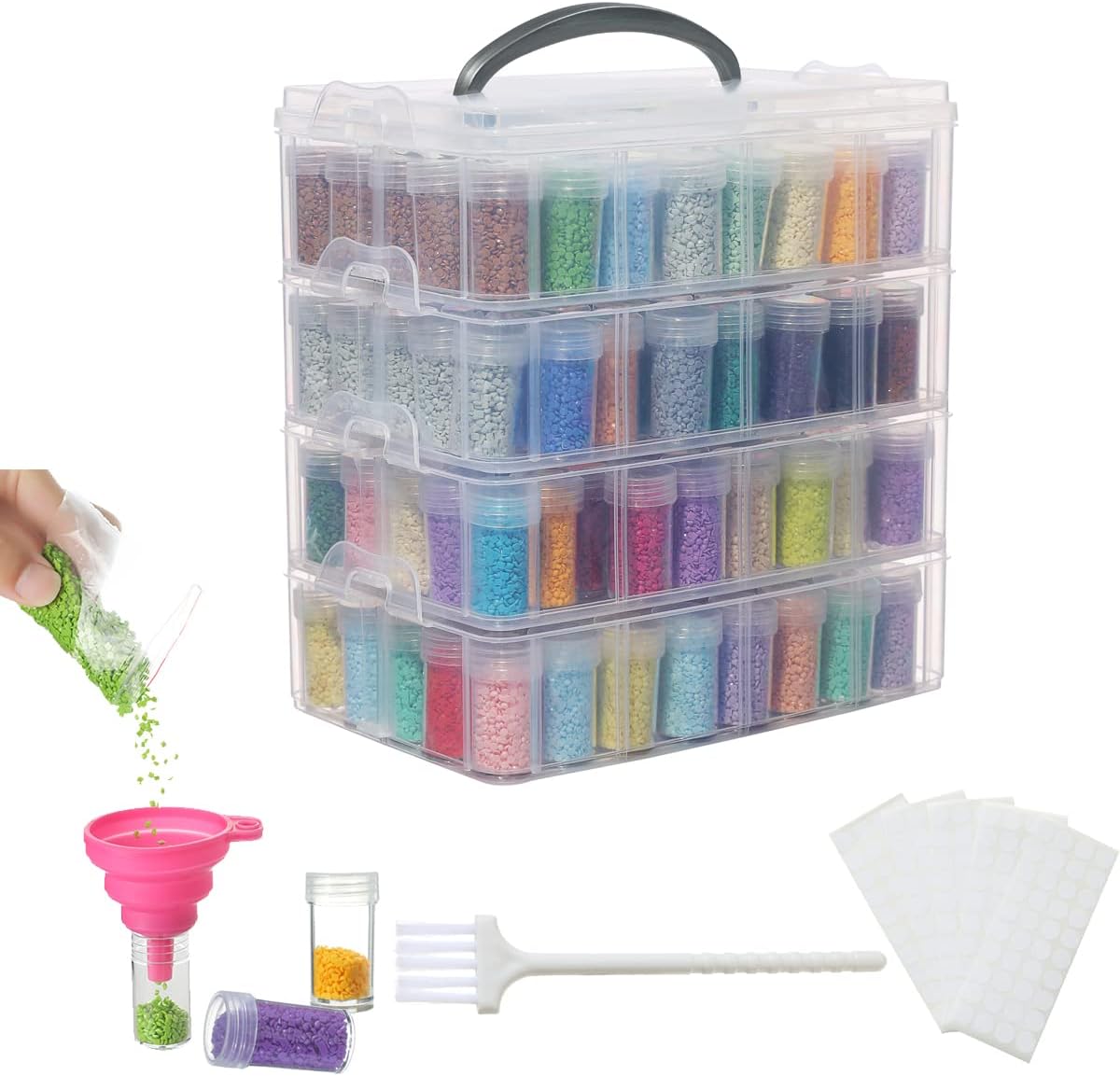Douorgan 4-Tier Diamond Painting Storage Containers Portable Bead Organizer and Storage Box Stackable Arts & Crafts Organizers for Nail Charms Seed, 176 Round, Funnel, Stickers