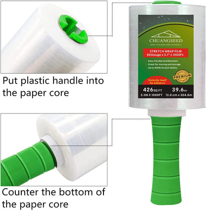 2-Pack Industrial Mini Clear Stretch Wrap Film 80 Gauge 5.1" 1000ft for Pallet Wrap with Plastic Handle,Durable Self-Adhering Packing,Moving,Packaging,Heavy Duty Shrink Film Chuangseed