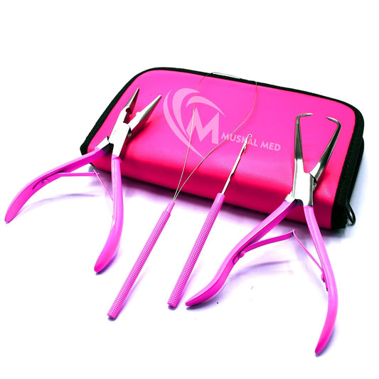 Professional Hair Extension & Beading Tool Kit Remove Plier Set for beads (4 Piece) I-Link Micro Ring Loop Needle Pulling Hook Threader Wire for Silicone Rings (Hot Pink)