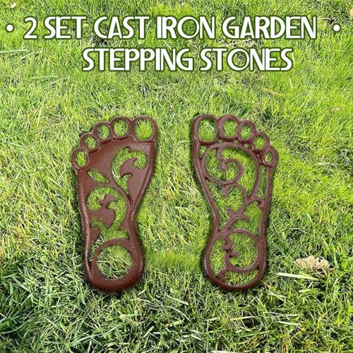 2 Sets Cast Iron Garden Stake Down Stepping Stones Feet Heavy Duty Footprint Stepping Mat Walking Stones for Garden Walkway Decor Cast Iron Flagstone Lawn Panel Walkway Landscaping Outdoor