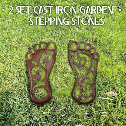 2 Sets Cast Iron Garden Stake Down Stepping Stones Feet Heavy Duty Footprint Stepping Mat Walking Stones for Garden Walkway Decor Cast Iron Flagstone Lawn Panel Walkway Landscaping Outdoor