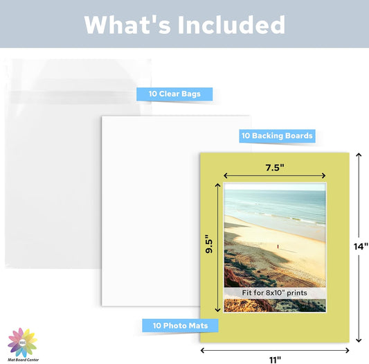 Mat Board Center, Pack of 10, 11x14 for 8x10 Mix Color Mat Kit - Acid Free, 4-ply Thickness, White Core - Includes Backing Boards and Clear Bags - for Pictures, Photos, Framing