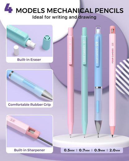 Four Candies 36PCS Aesthetic School Supplies, Mechanical Pencil Set 0.5mm, 0.7mm, 0.9mm & 2.0mm with 624 Lead Refills, Back to School Supplies for Writing & Drawing, Ideal Stationary Set Gift (Blue)