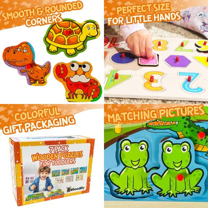 7 Pack Wooden Puzzles for Toddlers 2 3 4 5 Years Old (7 Count)