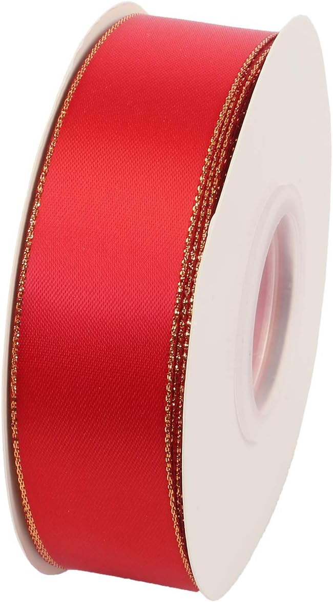 ITIsparkle 1" Inch Double Faced Satin Ribbon 25 Yards with Gold Edges, 1" X 25Yd - Red - Crafty Corner