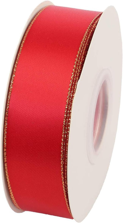 ITIsparkle 1" Inch Double Faced Satin Ribbon 25 Yards with Gold Edges, 1" X 25Yd - Red - Crafty Corner