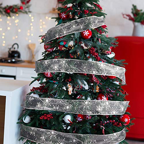 2.5 Inch Wide Christmas Wired Ribbon Snowflake Organza Sheer Glitter Ribbon for Xmas Tree (32.7 Foot)