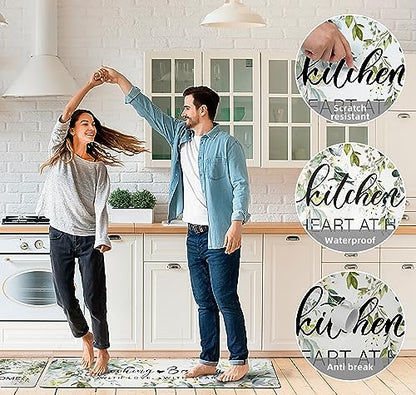 Green Kitchen Rug Anti Fatigue Mats for Kitchen Floor Kitchen Rugs Sage Green Floral Herb Memory Foam Kitchen Mat Cushioned PVC Leather Kitchen Rug Set