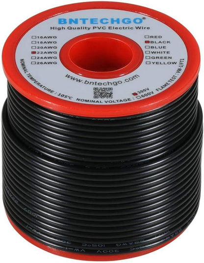 BNTECHGO 22 Gauge PVC 1007 Solid Electric Wire Black 100 ft 22 AWG 1007 Hook Up Tinned Copper Wire