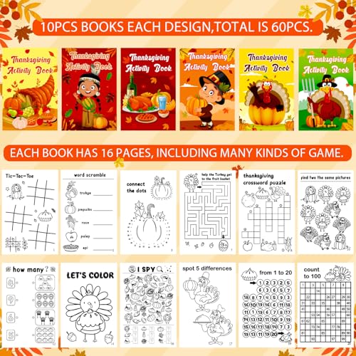 60PCS Thanksgiving Activity Books Party Favors for Kids (60 Count)