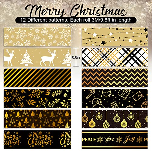12 Rolls Christmas Washi Tape Black Gold Xmas Washi Masking Tape Foil Gold Snowflake Xmas Tree Xmas Tree Ball Plaid Pattern Decorative Tape for Scrapbook Journal DIY Craft Gift Wrapping (117.6 Foot)