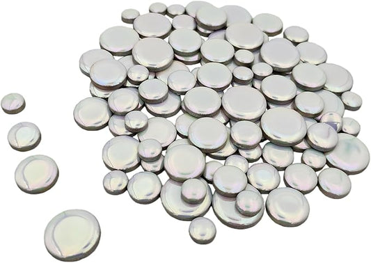 200g Iridescent Round Mosaic Tiles for Crafts Bulk, 11mm-23mm 4 Size Circular Mosaic Ceramic Pieces for Vases, Garden Decor, DIY Mosaic Making (White)