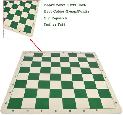 4" King Tournament Chess Set Foldable 20" Silicone Chess Board Mat with 2.2" Squares Green Color, Weighted Chess Pieces- 2 Extra Queens, Carrying Case for Storage and Travel