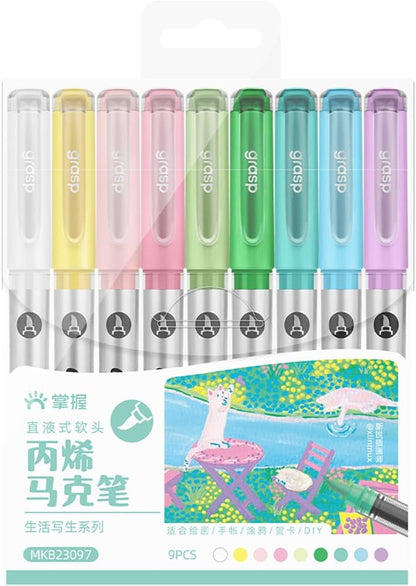 9 Color Acrylic Paint Markers, Brush Tip Acrylic Paint Pens With Visual Ink Window, Fabric Paint Markers for Clothes, Textile - High Coverage on Wood, Glass, Rock - DIY Art Supplies for Kids, Adults