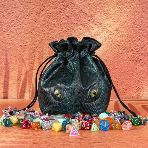Large DND Dice Bag Leather Dice Storage Bag Dark Green D&D Drawstring Pouch with Pockets for RPG Table Games (4.5 Ounce)