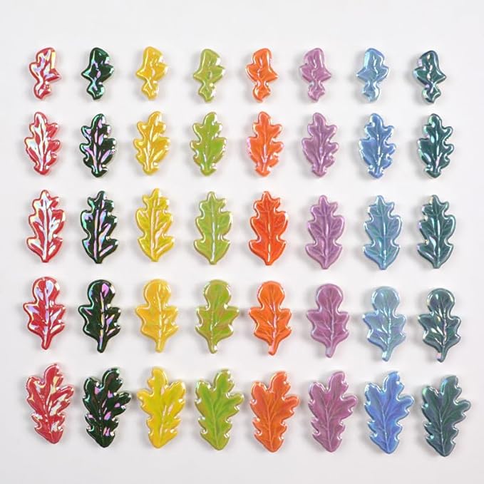 Mosaic Tiles for Crafts Bulk - Mini Ceramic Oak Leaves Pieces for DIY Kits & Adults DIY Mosaic Making Hobbies Decoration Stepping Stone and etc. (Iridescent Ceramic Tile Oak Leaves Mix)