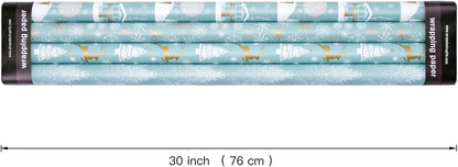 WRAPAHOLIC 30 Inch Christmas Wrapping Paper Roll - Jumbo Roll Blue and Silver Reindeer, Christmas Tree, Snowflake Holiday Design Printed on Pearlized Paper - 4 Rolls - 30 Inch x 120 Inch Per Roll