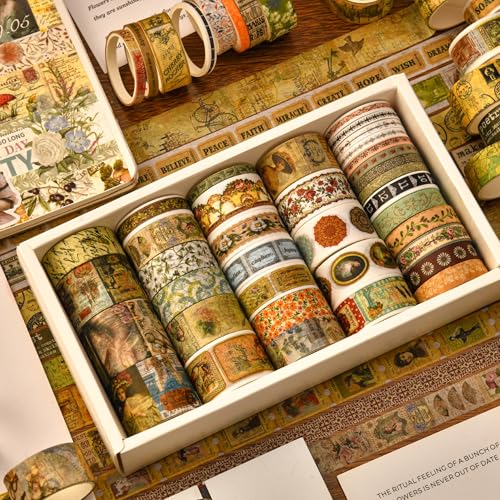 36 Rolls Vintage Washi Tape Pack Retro Arts Adhesive Tapes Wide Chronicle Decorative Masking Tape Sets for Craft (118.1102 Foot)