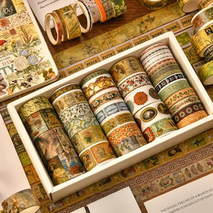 36 Rolls Vintage Washi Tape Pack Retro Arts Adhesive Tapes Wide Chronicle Decorative Masking Tape Sets for Craft (118.1102 Foot)