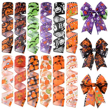 12 Rolls 60 Yards Halloween Fall Wired Ribbon for Wreath Bow Craft (12 Count)