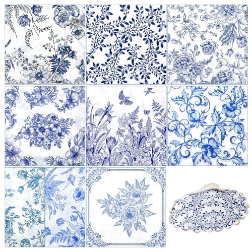 36 Pack 9 Styles Decoupage Napkins Blue Floral Chinoiserie Decor (36 Count)